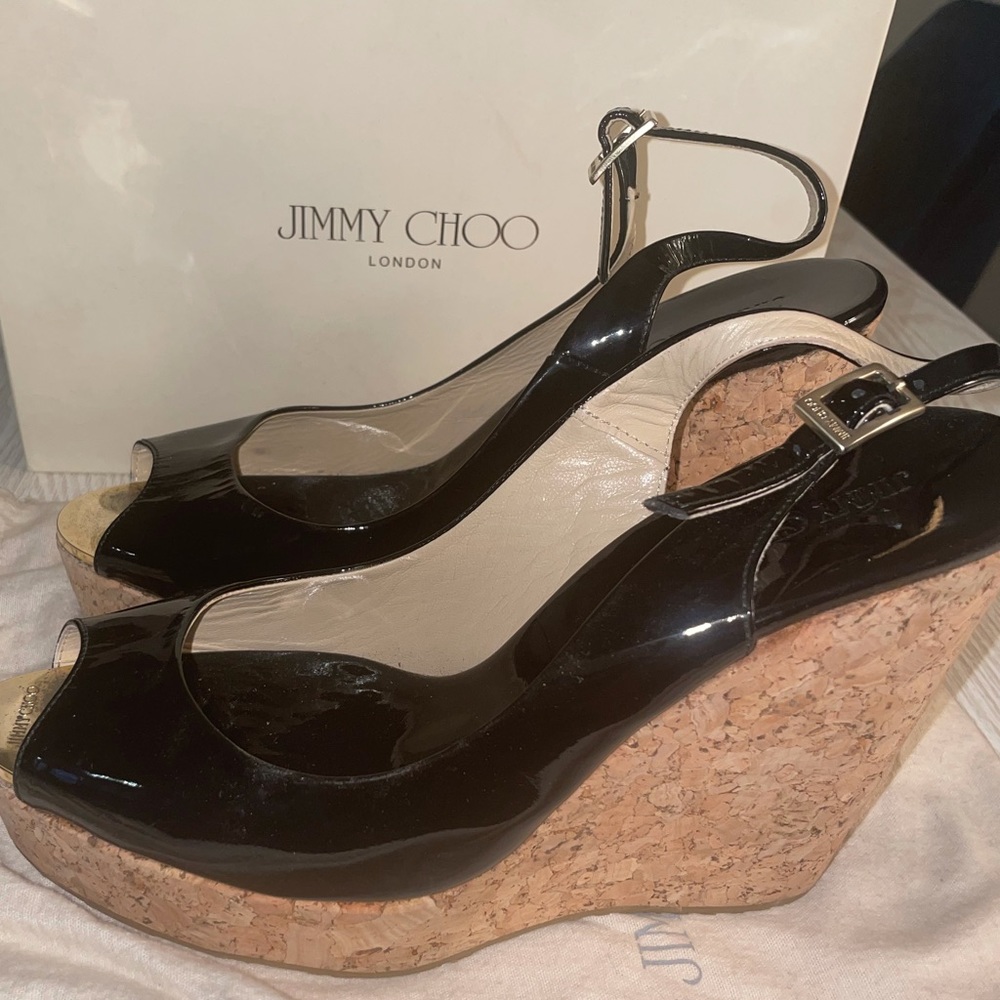 Jimmy Choo Black Patent Leather Espadrille Wedges Size 40
